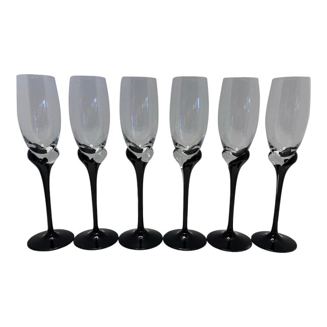 Late 20th Century Sculptural Black Stem Champagne Flutes, Modern Art Glass Barware - Set of 6 For Sale