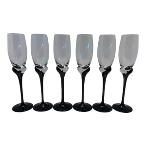 Late 20th Century Sculptural Black Stem Champagne Flutes, Modern Art Glass Barware - Set of 6