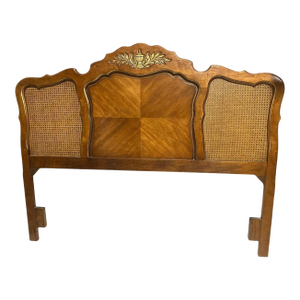 Queen Size French Provincial Louis XV Style Walnut, Burlwood and Caning Headboard - Vintage 1960s