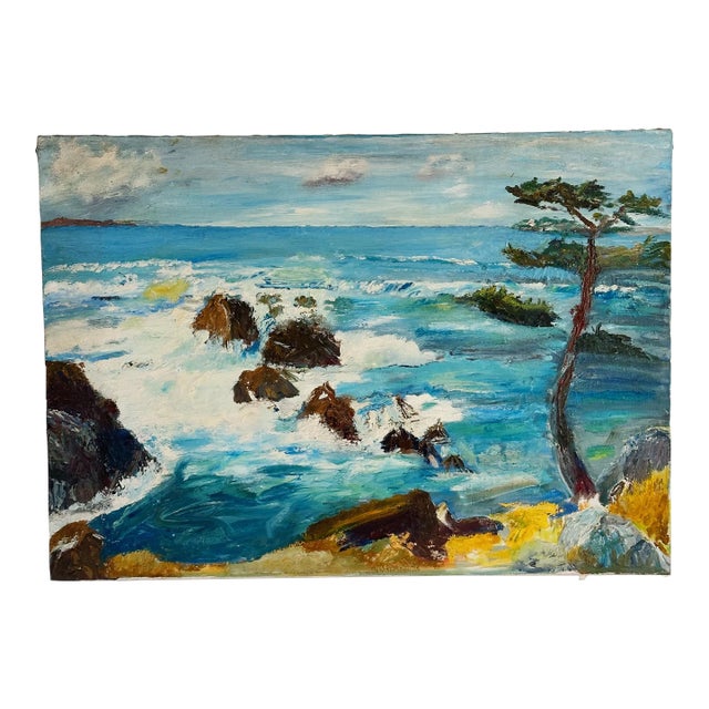 Mid-Century Oil Painting Depicting California Coast and Waves by Olive Van Bergen For Sale