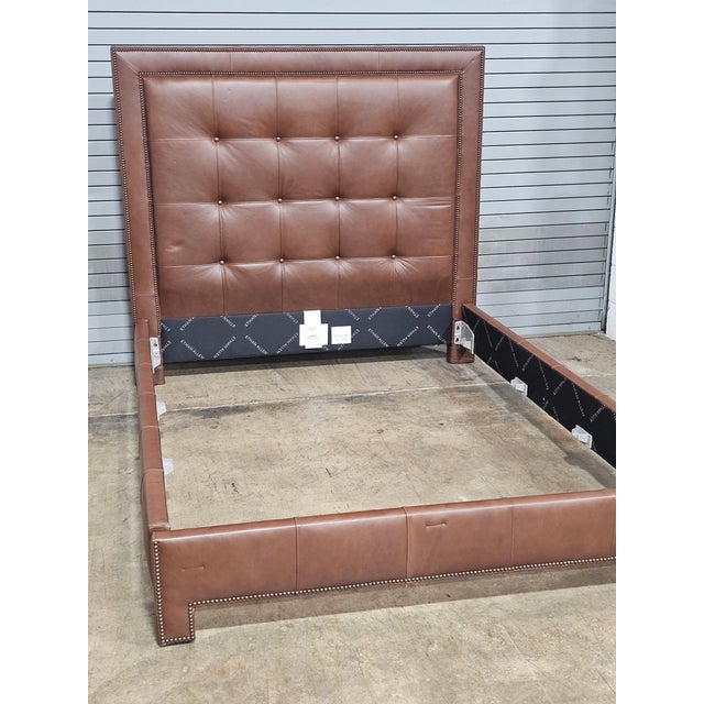 Ethan Allen Tufted Brown Leather Upholstered Queen Size Bed Frame For Sale - Image 14 of 15