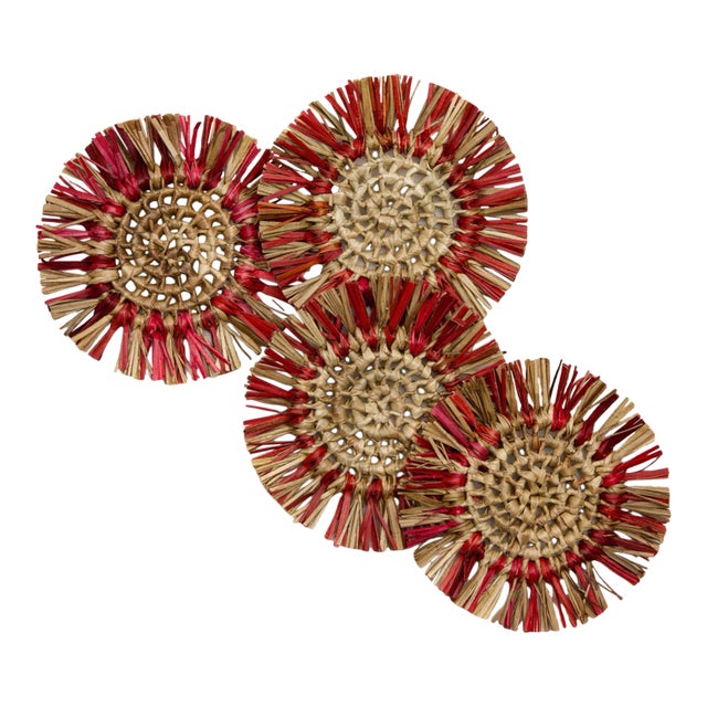 Deborah Rhodes Fringe Raffia Coasters, Red, Set of 4 For Sale