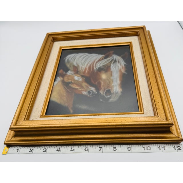 Vintage Gold Framed Pastel Painting of Palomino Mare Horse W/ Foal Equestrian Art For Sale - Image 13 of 15