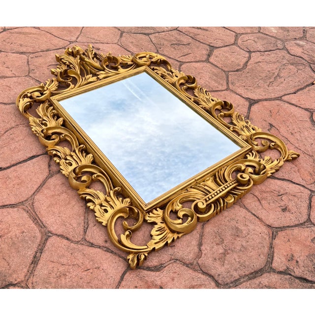 Glass Gold Wall Mirror With Carved Frame In Rococo Style For Sale - Image 7 of 9