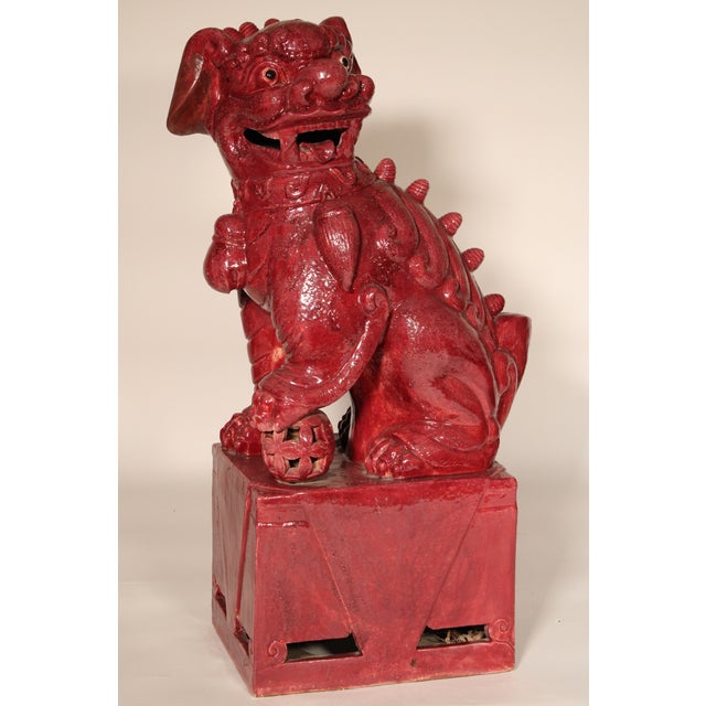 Pair of Large Maroon Color Foo Dogs For Sale - Image 4 of 10