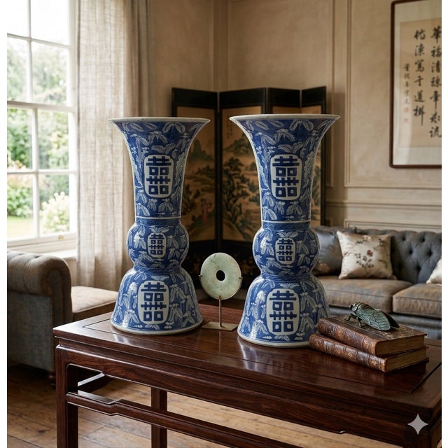 Blue Chinese Blue White Double Happiness Graphic Porcelain Vase Gb598s For Sale - Image 8 of 8