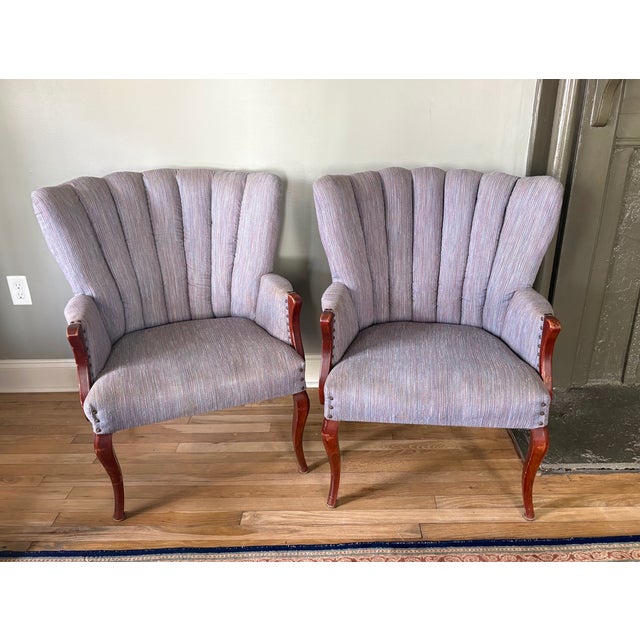 1960s-70s Grey-Blue Channel Tuft Armchairs W/ Nailhead Detail For Sale - Image 4 of 5