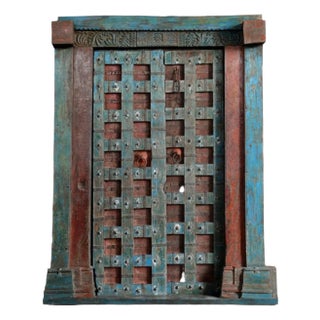 Antique Indian Rustic Blue Teak Carved Garden Door With Frame For Sale