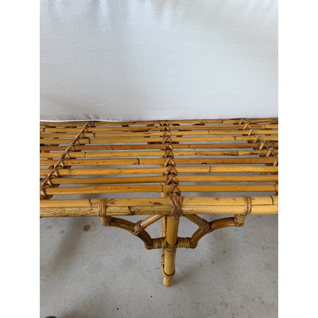 Wood Vintage Rattan Chippendale Fretwork Settee Bench With New Sunbrella Cushion For Sale - Image 7 of 12