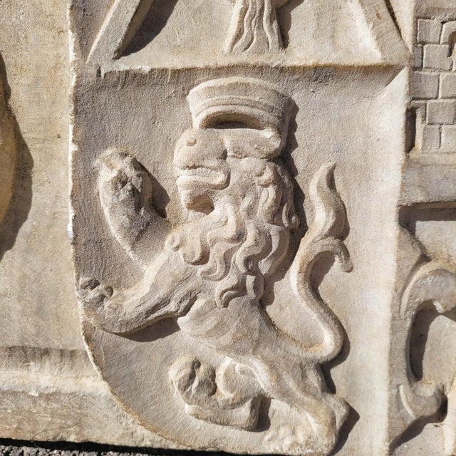Stone 17th Century Carved Marble Coat of Arms with Various Heraldic Symbols For Sale - Image 7 of 16