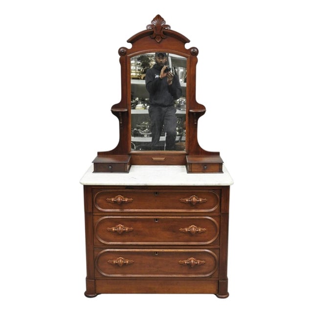 Antique Eastlake Victorian Carved Walnut Marble Top Washstand Dresser W/ Mirror For Sale