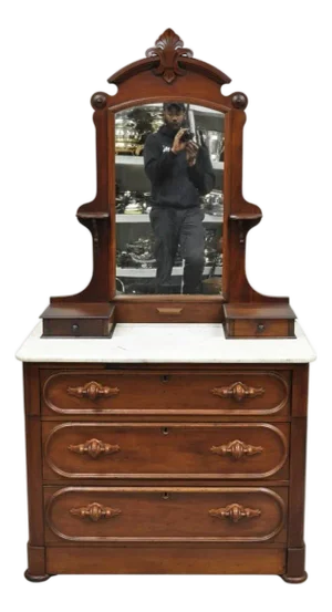 Antique Eastlake Victorian Carved Walnut Marble Top Washstand Dresser W/ Mirror