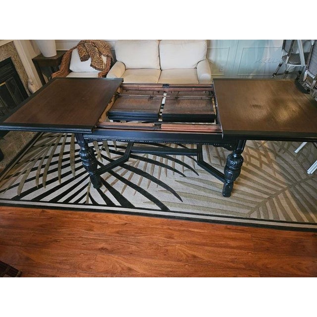 Transitional Mid 20th Century Stored 2 Leaf Dining Table 41" X 65" Expands to 102". Seating for 10. For Sale - Image 3 of 8