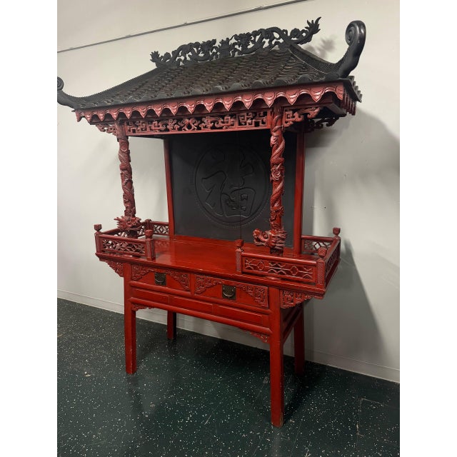 Late 20th Century Late 20th Century Large Hand-Carved Chinese Dragon Altar Shrine Cabinet With Temple Roof For Sale - Image 5 of 8