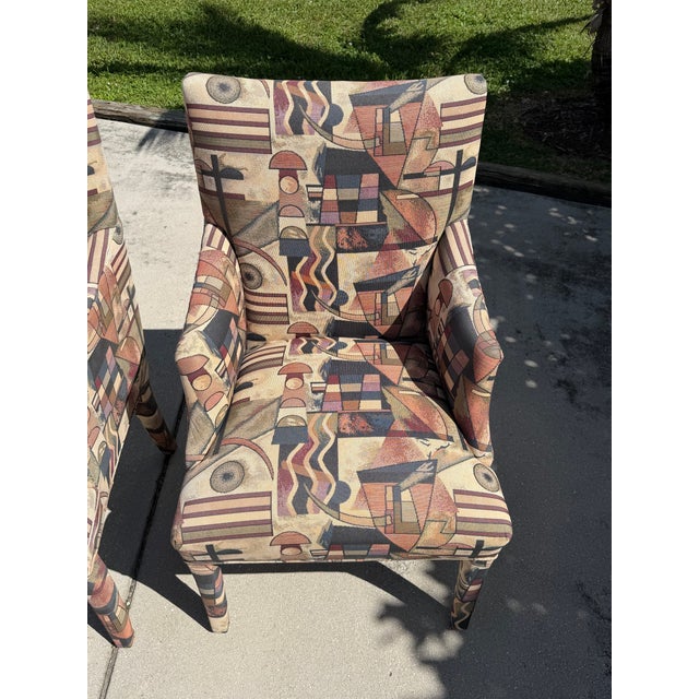 Vintage Postmodern Parsons Armchairs With Memphis-Style Geometric Upholstery, Pair For Sale - Image 9 of 12