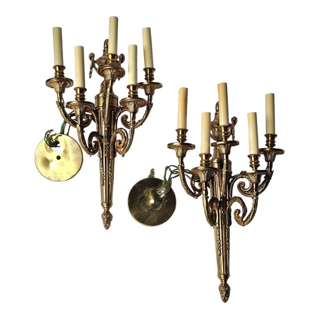A gorgeous Pair of Louis XIV Style Gilt Metal Five Light Electric Sconces, They stand 27 1/4 inches tall, 11" in width,...