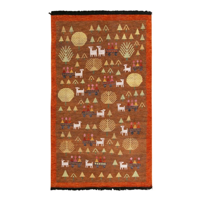 Rug & Kilim Classic Pictorial Folk Art Style Rug in Beige-Brown, Red Border, 5x7 For Sale