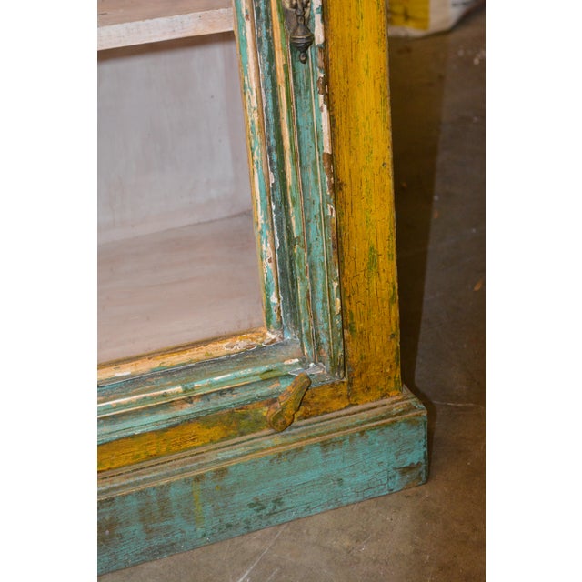 1990s Rustic Heavy Wooden Cabinet / Nightstand W/ Green Trim Patina & Single Glass Door For Sale - Image 10 of 18
