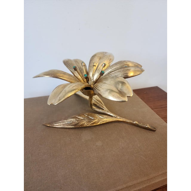 Vintage Italian Gilt Brass Flower Candle Holder Hollywood Regency Floral Centerpiece Gold Metal Lily Sculpture Decor For Sale - Image 12 of 16