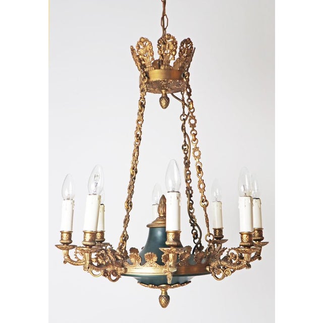 Royal French Empire Gilt Bronze and Forest Green 8-Armed Chandelier, 1950s For Sale - Image 9 of 18