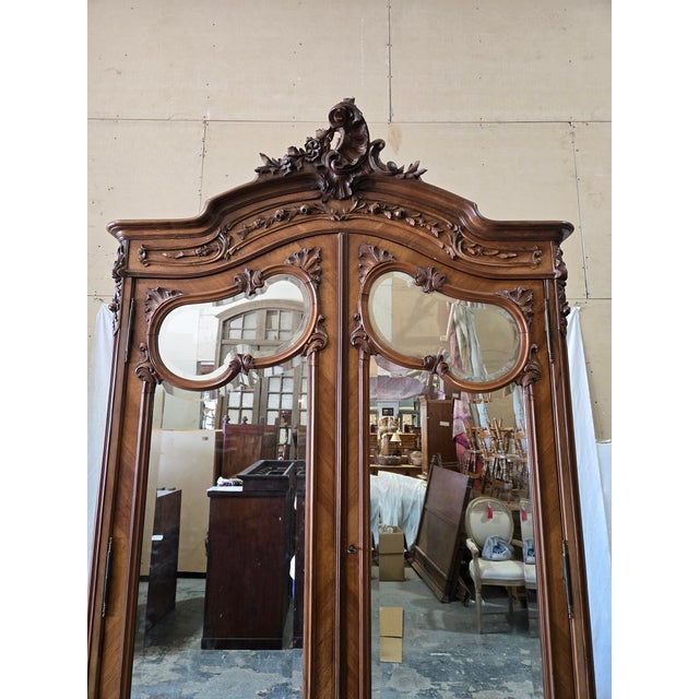 Antique French Louis XV-Style Walnut Mirrored Armoire With Floral Carvings For Sale - Image 4 of 10