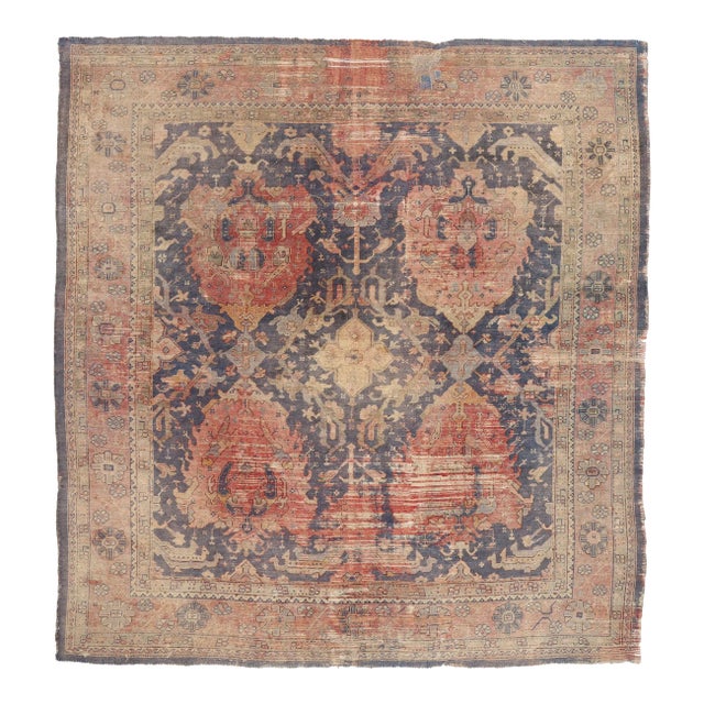 Distressed Antique Turkish Oushak Rug - 09'05 X 09'11 For Sale