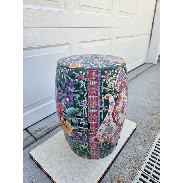 Teal Floral Chinoiserie Garden Stool For Sale - Image 4 of 8