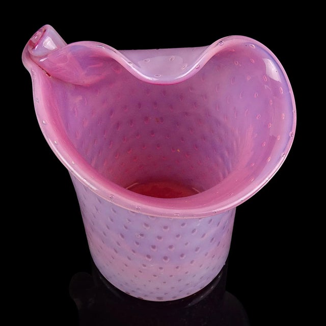 Pink Murano Fratelli Toso Opalescent Pink Bubbles Vintage Italian Art Glass Scroll Top Flower Vase With Label For Sale - Image 8 of 12