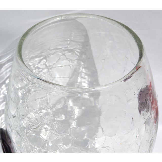 Glass 1960s Large Blenko Crackle Art Glass Vase Textured Clear Surface Purple Flowers For Sale - Image 7 of 18