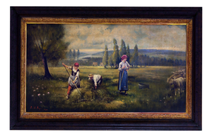 Emilio Pergola, Italian Pastoral Landscape with Figures, 1990s, Oil on Canvas
