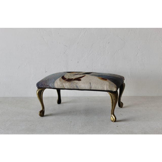 American 1980s Vintage Jack Russel Tapestry Upholstered Cast Brass Cabriole Legs Footstool For Sale - Image 3 of 9