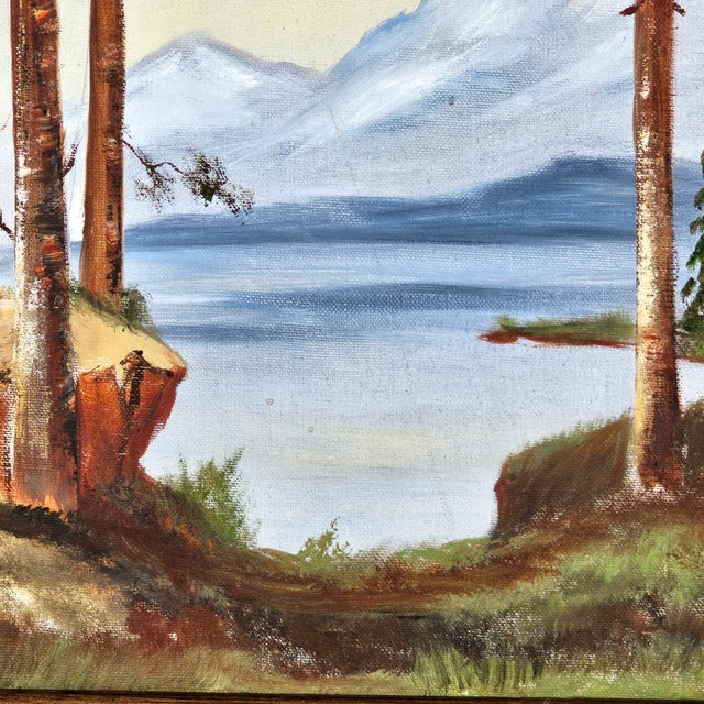 Vintage Framed Landscape Oil Painting With Carved Wood Frame, Mountain Lake Scene, 23.5" For Sale - Image 4 of 9