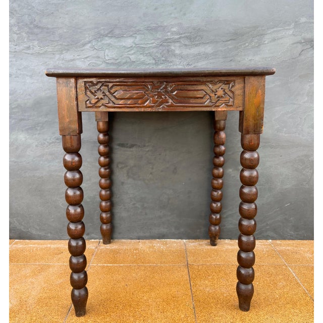 Spanish Barley Twist Side Table with Geometric Carved Top, 1930s For Sale - Image 10 of 10