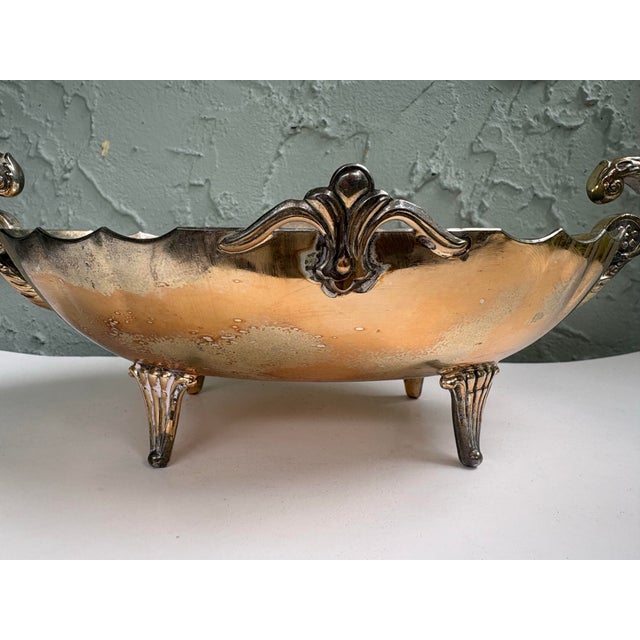 French Provincial Vintage Silver-Plated Footed Jardiniere Centerpiece Bowl With Dragon Handles and Fleur-De-Lis Mounts For Sale - Image 3 of 12