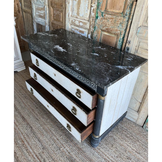Antique White French Empire Greek Key Painted Marble Top Commode - Mid 19th C For Sale - Image 8 of 11