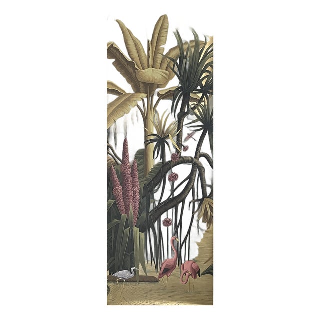 Vintage Tropical Jungle Hand-Painted Wallpaper Panel With Flamingos For Sale