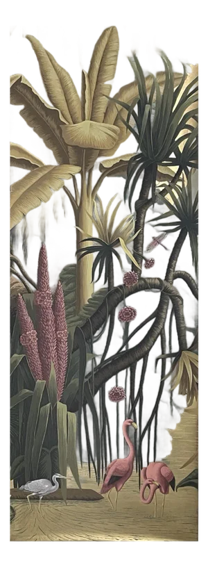 Vintage Tropical Jungle Hand-Painted Wallpaper Panel With Flamingos
