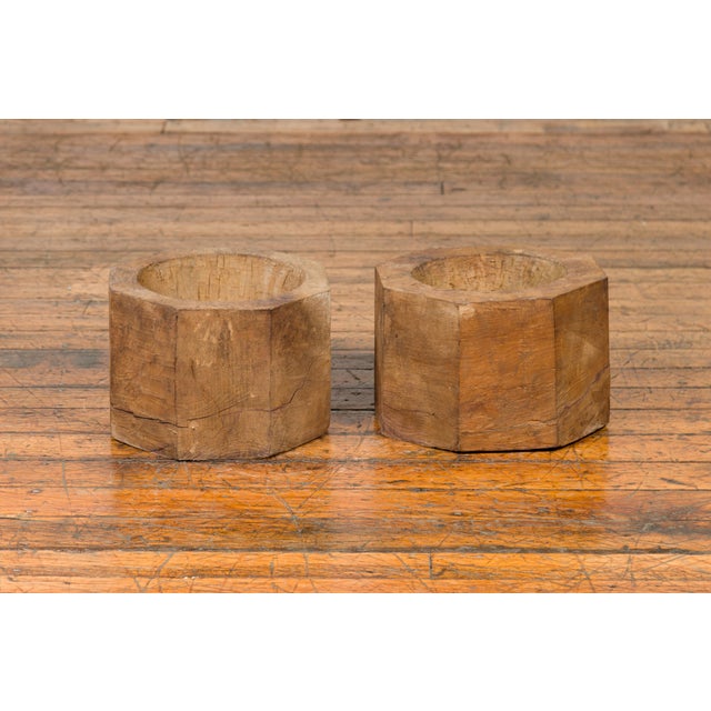 Brown Antique Indonesian Rustic Octagonal Wooden Planter Made from Tree Trunks For Sale - Image 8 of 9