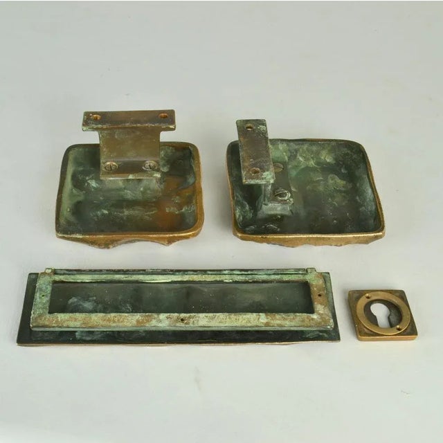 Metal Push Pull Door Handles with Letterbox and Key Fixtures in Bronze Relief, 1970s, Set of 4 For Sale - Image 7 of 13