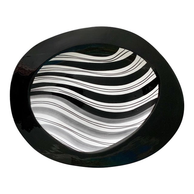 Zanolli Italy Large Black and White Hand Painted Oval Platter With Wave Design For Sale