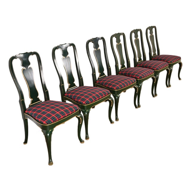 Kindel Furniture Chinoiserie Queen Anne Green Lacquered and Gold Gilt Dining Chairs, Set of Six For Sale