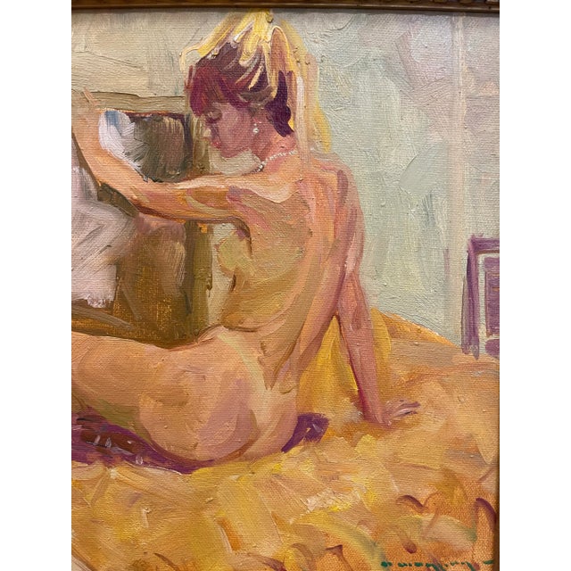 Textile Oil Painting of a Naked Woman in a Mirror France 1960 For Sale - Image 7 of 8