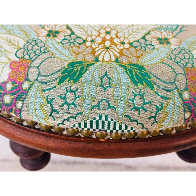 Wood Antique Footstool Reupholstered in Designer Fabric For Sale - Image 7 of 8