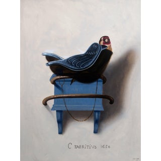 The Silver Finch by Patrick Nevins | Oil On Board Painting of a finch on a blue pedestal For Sale