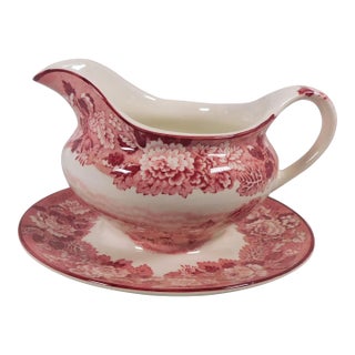 1960s Wood and Sons Gravy Boat With Attached Underplate in English Scenery For Sale