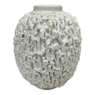 Rörstrand Gunnar Nylund Chamotte Art Pottery Vase White Blue Sweden Mid 20th Century 6" For Sale