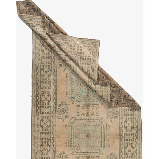Vintage Circa 1940 Camel Turkish Oushak Hand Knotted Wool Runner 4'4 X 11'9 For Sale - Image 4 of 6