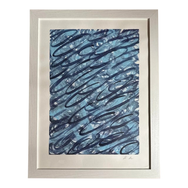 Erin Simon Original “Pivot” in Navy Blue With Sky on Paper Framed For Sale