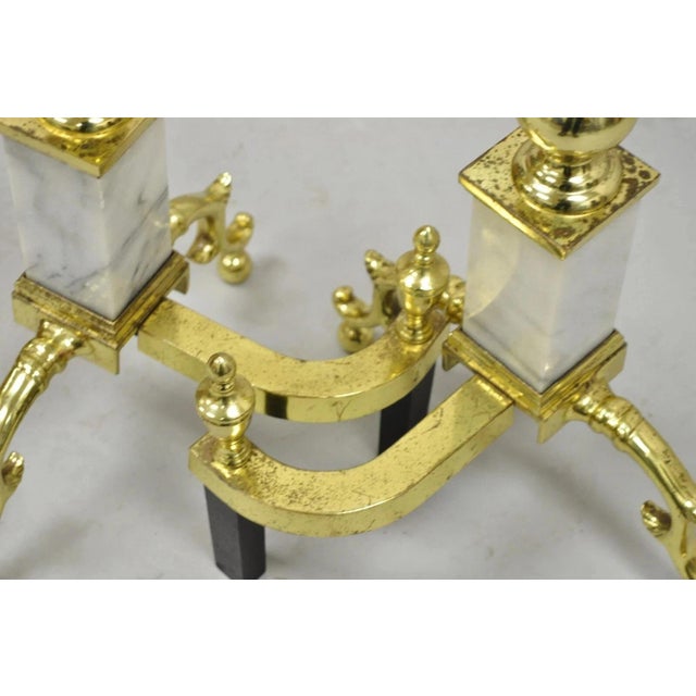 Metal Vintage Brass Urn & Marble Federal Style Branch Leg Fireplace Andirons - A Pair For Sale - Image 7 of 11