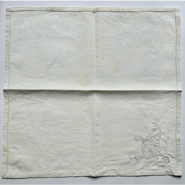 Set of 6 Mid 20th Century Off White Linen & Cotton Dining Napkins With Cut Work For Sale - Image 15 of 16